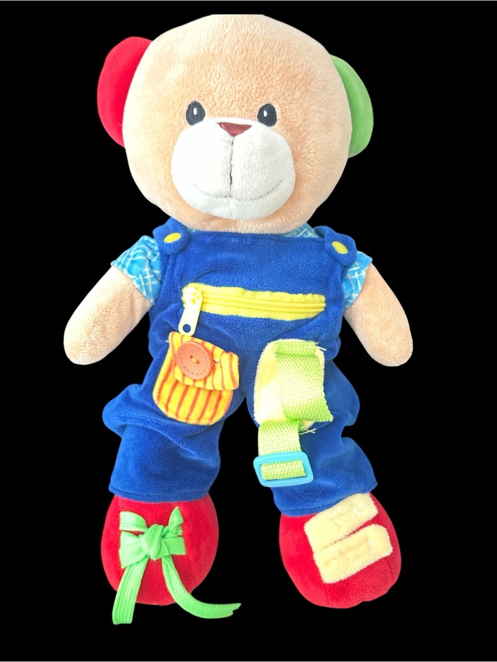Plush Activity Bear in Blue Overalls with Red & Green Accents for Motor Skills